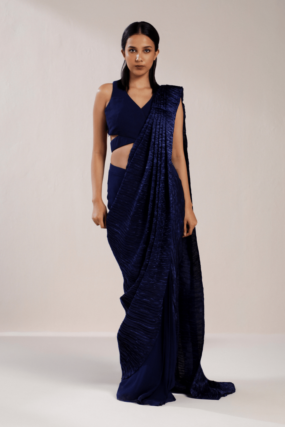 ROYAL BLUE RUCHED SAREE-XS