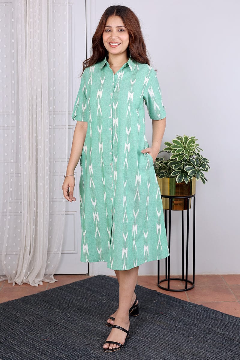 Green Single Ikkat 40 Cotton Women Midi Dress Short Sleeves WDRSS05245-M