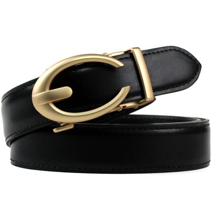 Hemener Men  Metal Buckle Black Genuine Leather Belt-28