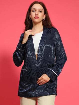 Fancy Navy Blue Printed Open Collar Long Sleeve Satin Jaquard Women Blazer-S