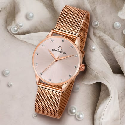 Carlington Elite Ladies Self Adjustable Mesh Strap Water Resistant Analog Watch - For Women CT2009-Rosegold