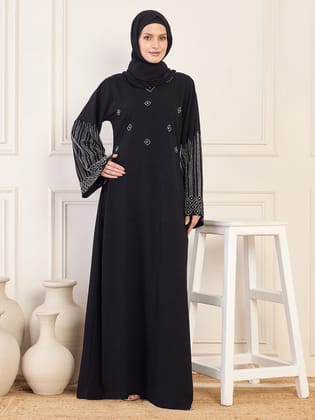 Nabia Black Solid Luxury Handworked Abaya Burqa for Women with Black Hijab-XS / 56