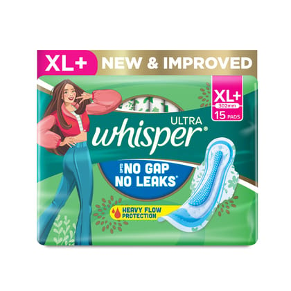 WHISPER ULTRA HYGIENE+COMFORT SANITARY PADS, 15 XL+ PADS, FOR HEAVY FLOW, LONG LASTING PROTECTION, LOCKS ODOUR & WETNESS, DRY TOP SHEET, DISPOSABLE WRAPPER