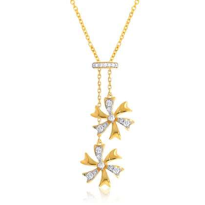 Senco Gold 14K Yellow Gold Duo Floral Charm Diamond Necklace (Gold Weight - 3.7 g / 0.26 carat / GH-VS-SI)