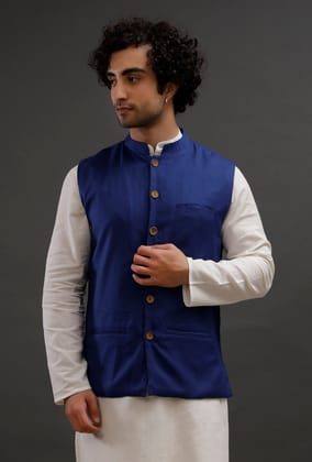 Prussian Blue Woollen Blend Nehru Jacket-46