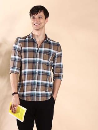 BR Brown & Navy casual check full sleeve shirt-M