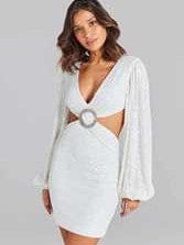 Sequins Hollow Out Cutout out Beaded Dress-S / White