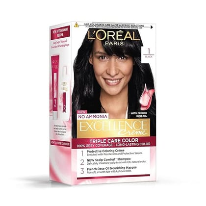 L'Oreal Paris Permanent Hair Colour, 1 Black, 72Ml+100G