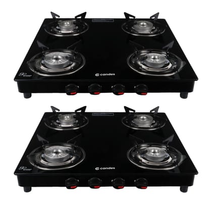 Candes 4 Burner Gas Stove, Die Cast Alloy, LPG Compatible, ISI Certified, 300 Days Warranty, Tempered Glass, Pack of 2-Candes 4 Burner Gas Stove | Die Cast Alloy Tornado Burner | LPG | ISI Certif