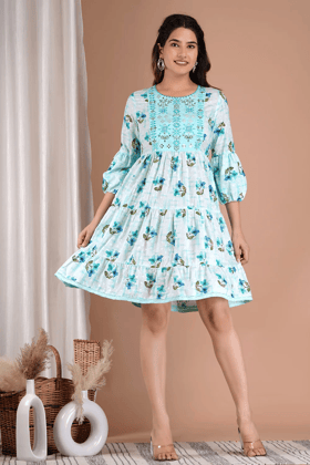 Cotton Printed Sefley Embroidery Short Dress-Green / L