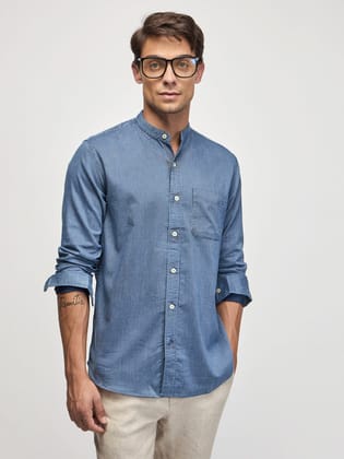 Striped Mandarin Collar Shirt-M/38 / Blue