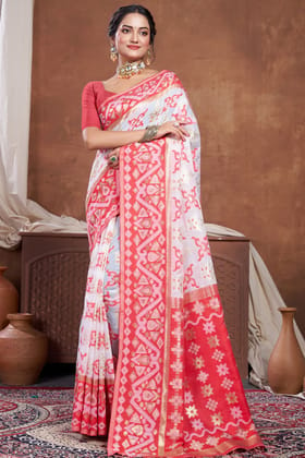 Red & White Chanderi Cotton Saree-Red