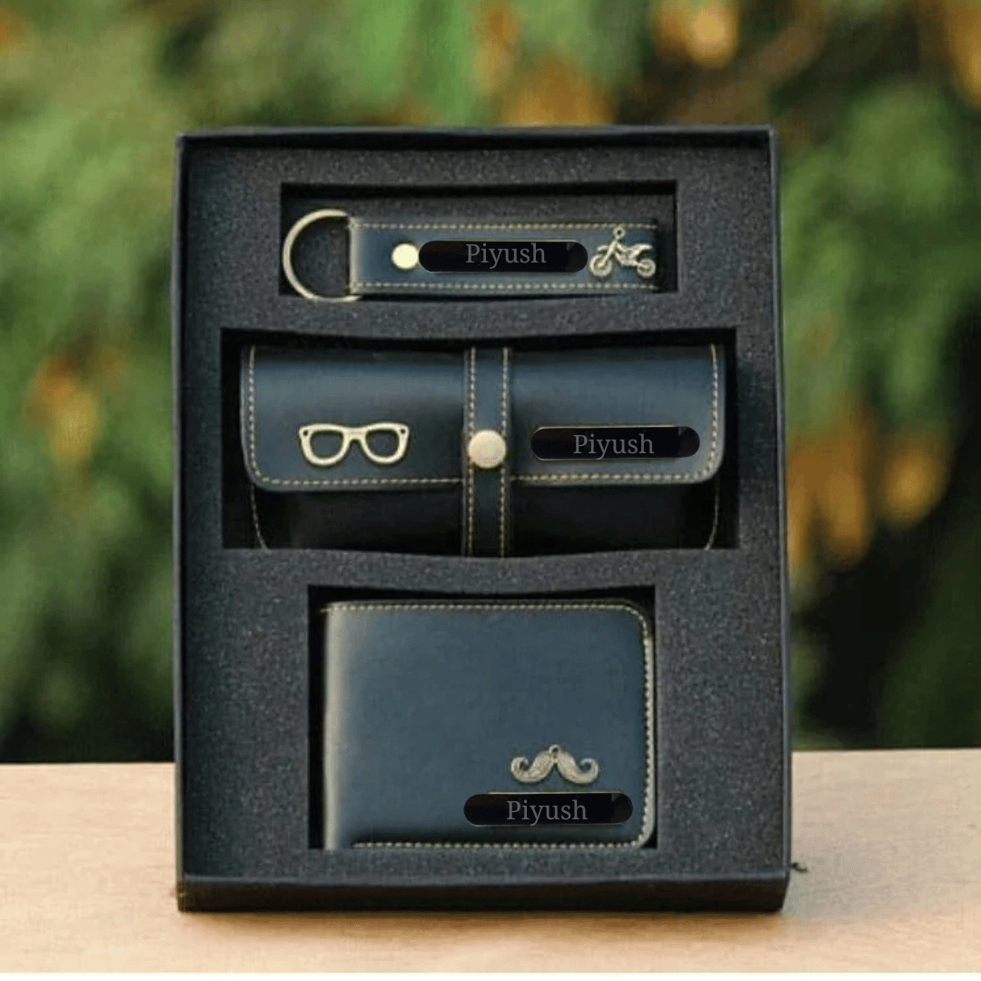 Mens Wallet , Keychain, Sunglasses Holder Combo for Gifting on Birthday, Valentine's Day, Anniversary-Black