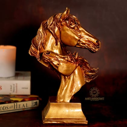 Couple Horse Head Showpiece-10 Inches / Golden / Resin (Marble Dust)