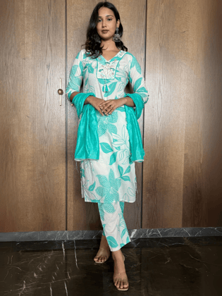 Graceful Aqua Cotton Dupatta Set-M