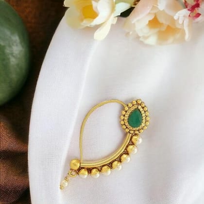 Gold-Plated Emerald Stone Studded  Beaded Maharashtrian Nath Banu Nath Nose Pin(Piercing Required)