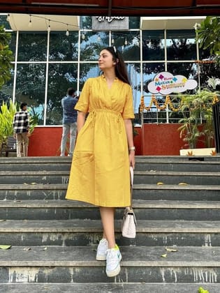 Beautiful summer cotton-slub fabric midi-dress-M / Yellow