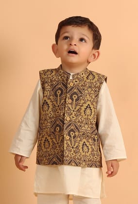 Ozas Khaki Ajrakh Print Cotton Nehru Jacket-1-2Y