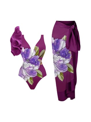 Vintage Floral Ruffle Swimsuit & Skirt Coord Set-Purple / M