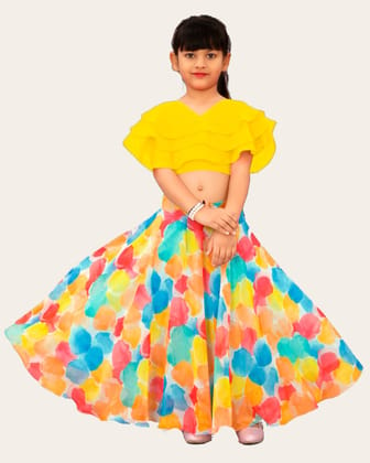 Girls Multicolour Georgette Silk Lehenga and Three Layered Frill Blouse Set Ethnic Wear Girls-Yellow / 2 Years-3 Years