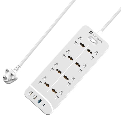 Portronics Power Plate 23 Extension Board with 20W Type-C PD Charging, 8 Universal Sockets, 3 USB Ports, 3 Meter Long Cord, 2500 Watts, Multi Plug for Home Appliances & Office (White)