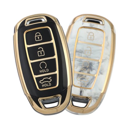 Keyzone pack of 2 TPU key cover for for: i20, Verna 2023 onwards 4 button smart key (TP60Type2-pack of 2)-GoldBlack/Marble