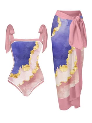 Marble Printed Swimsuit & Skirt Swimsuit Set-Pink / M