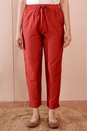 Red Hand Dyed Art Silk Slub Women Ankle Pant WAKPT102316-S