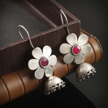 Oxidised Flower Oxidised Hook Jhumki | Sarichka-RED