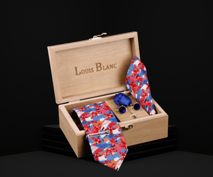 Multi Flower Luxury Italian Silk Necktie Set With Pocket Square Silver Tie Pin, Cufflinks & Brooch