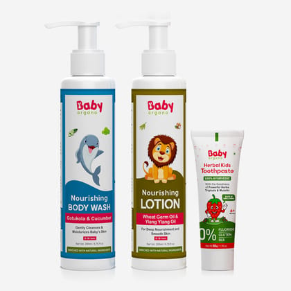 BabyOrgano Kid's Morning Routine Combo | Gentle Baby Wash + Nourishing Body Lotion + Herbal Kids Toothpaste | 100% Based on Ayurveda