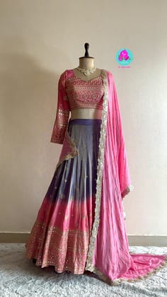 Pink & Purple Mirror Embroidered Tissue Georgette Lehenga Set-S
