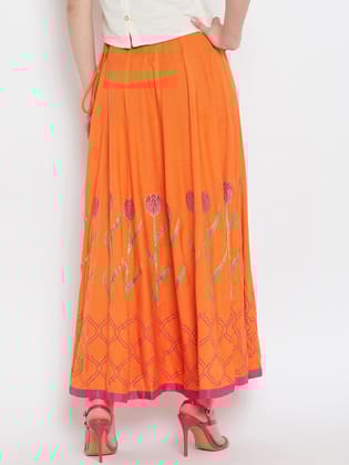 Women Orange & Pink Printed Flared Maxi Skirt
