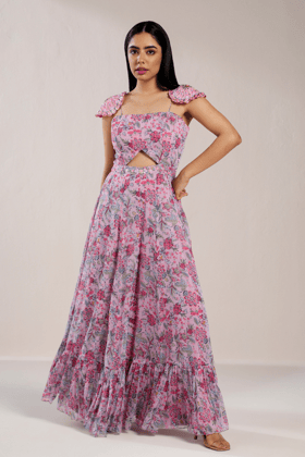 PINK FLORAL PRINTED JUMPSUIT-XS