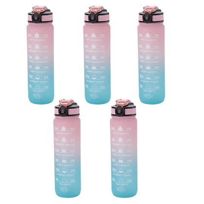 Kuber Industries Motivational Water Bottle with Time Marker, Straw, 1L, Pack of 5, Pink Blue, for Kids, Adults, Gym, Home, Office, School-Kuber Industries Motivational Water Bottle with Time Mark