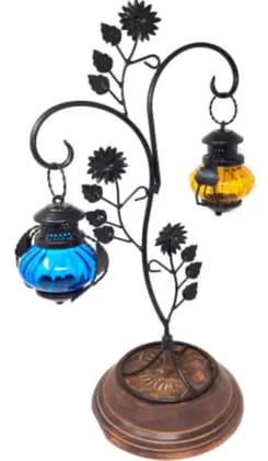 Attractive Glass With Metal Candle Stand Lantern (Yellow & Blue)-Yellow & Blue