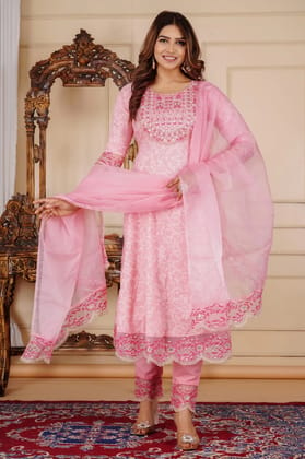Designer anarkali cotton suit set highlighted with organza fabric-M