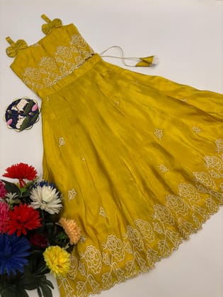 Radiant Crush Silk With Embroidered Resam Work Gown-Yellow / 1 Year