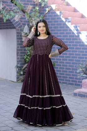 Faux Blooming Embroidered Work Gown-Purple / S