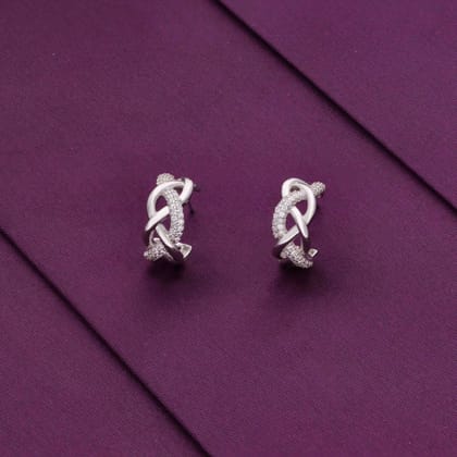Twin Twirl Silver Hoop Earrings-White Stone / Silver