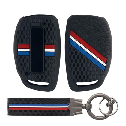 Keyzone striped key cover and keychain fit for: Exter, Venue, Elantra, Tucson, I20, Creta, Elite I20, Active I20, Aura, Verna 4s, Xcent, Alcazar 3b/4b smart key (KZS-18, KZS-Keychain)-Black