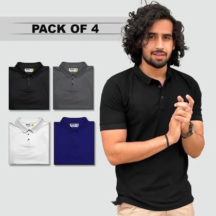 Poly Matte Solid Half Sleeves Mens Polo T-Shirt Pack Of 4-M
