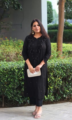 Black Chanderi Silk Chikankari with Mukesh Handwork Straight Kurta-XXS