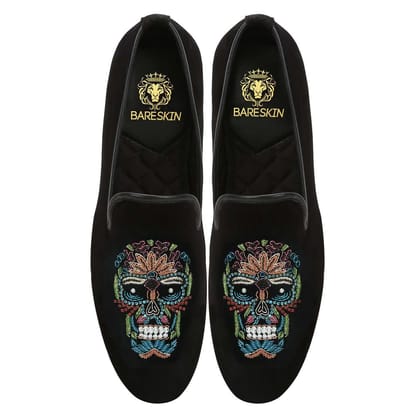 Black Velvet Slip-On with Multi-Colored Handmade Zardosi Skull By Brune & Bareskin-40/6