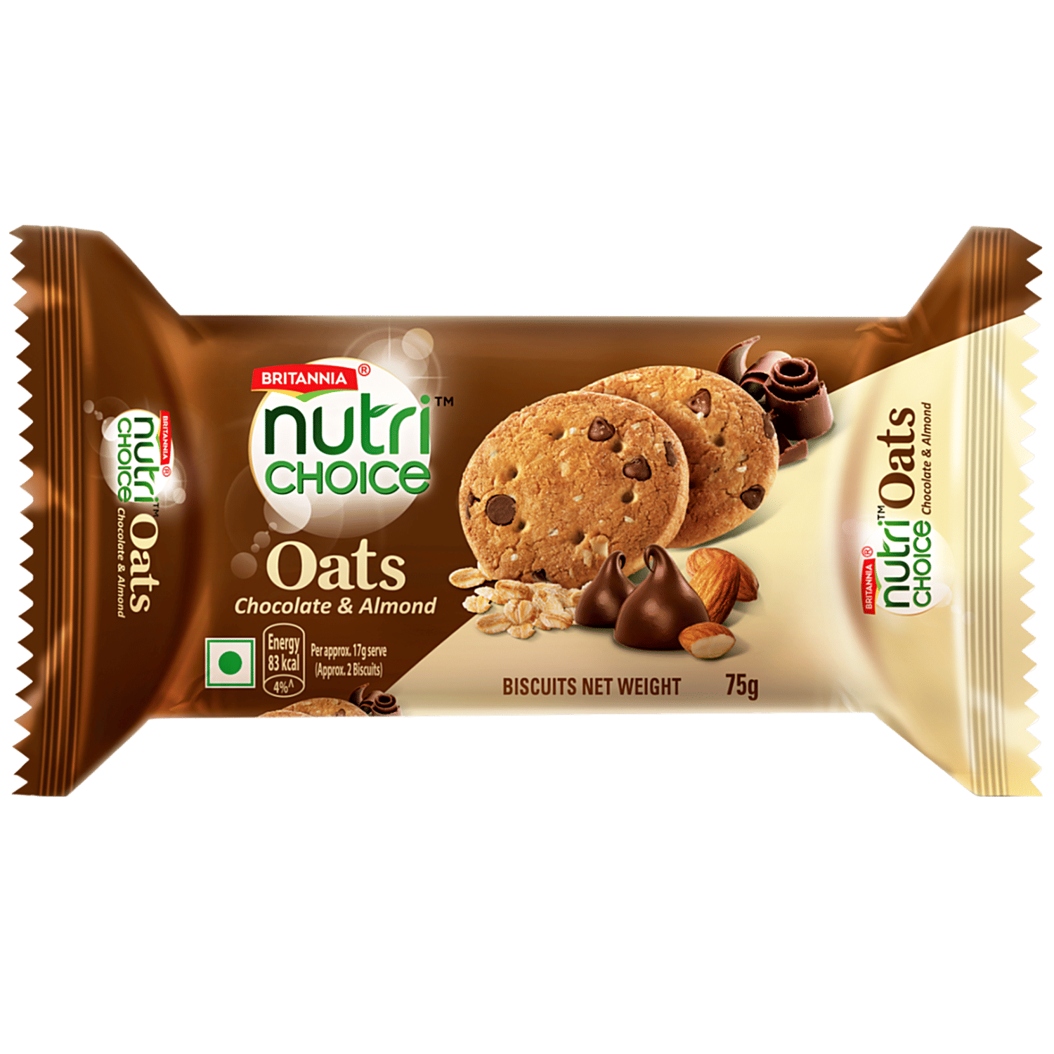 Britannia Nutrichoice Oats Cookies - Chocolate & Almonds, Fibre Rich, Healthy Snack, 75 G