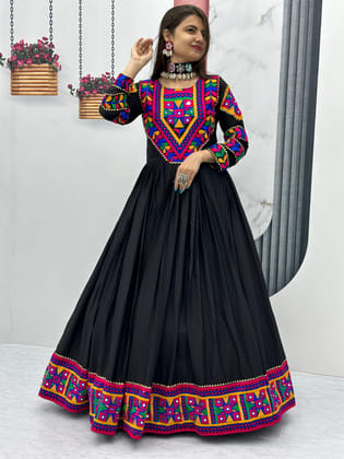 Navratri Collection Black Color Heavy Gamthi Work With Real Mirror Work Designer Gown-M