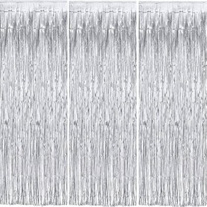 Silver Metallic Tinsel Foil Fringe Curtains for Birthday Wedding Engagement Bridal Shower Baby Shower Bachelorette Holiday Celebration Party Decorations (3 ft X 6 ft, Set of 1)