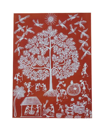 Village Daily Life Warli Art, 9 Inch x 12 Inch