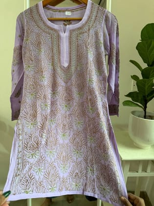 Chikankari Viscose Georgette short Top in Mauve Multi Thread-Mauve / Viscose Georgette / XS