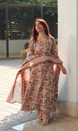 Cotton Beige Floral Kali Kurta with Pant & Printed Cotton Dupatta-XXS